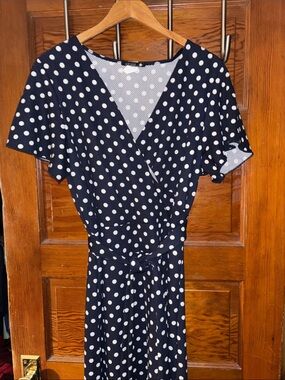 Star Vixen Navy Polka Dot Midi Wrap Dress with Tie Waist